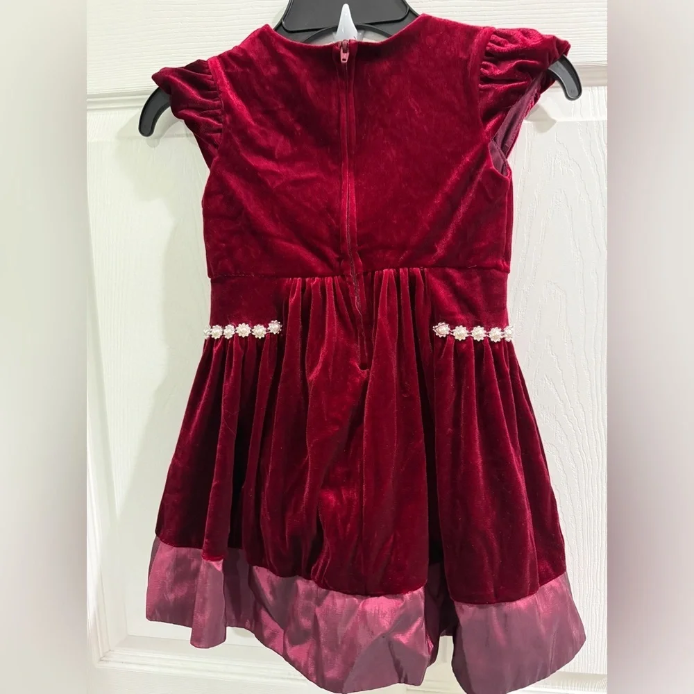 Rare Editions Burgundy Velvet Dress Pearl Details Size 3T Wedding
